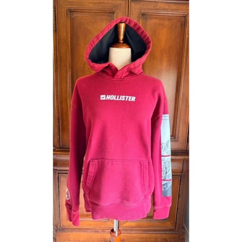 Hollister Red Graphic Hoodie Medium Coastal Weather Sleeve Print Pullover